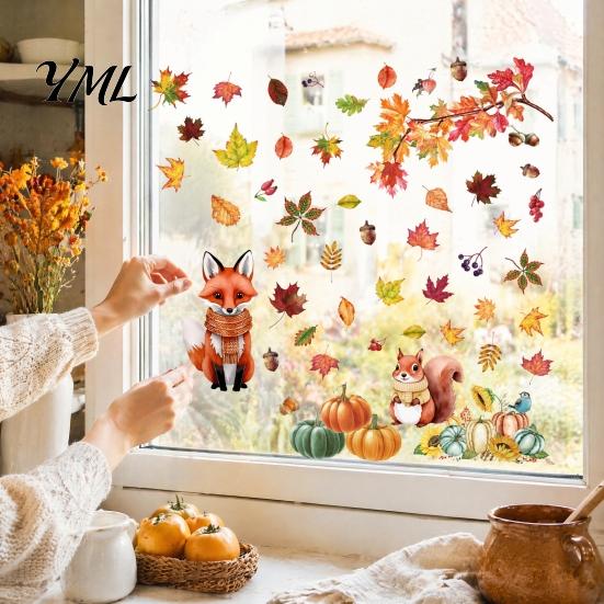 Removable Maple Leaf Decals 9 Sheets Fall Woodland Animals Window Clings, Autumn Pumpkin Autumnal Home Holiday Accents Squirrel Fox Rabbit Glass