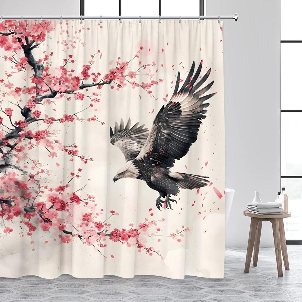 Japanese Style Ink Landscape Shower Curtain Sea Waves Crane Koi Fish Mountain Waterfall Plant Floral Bathroom Curtains Decor Set