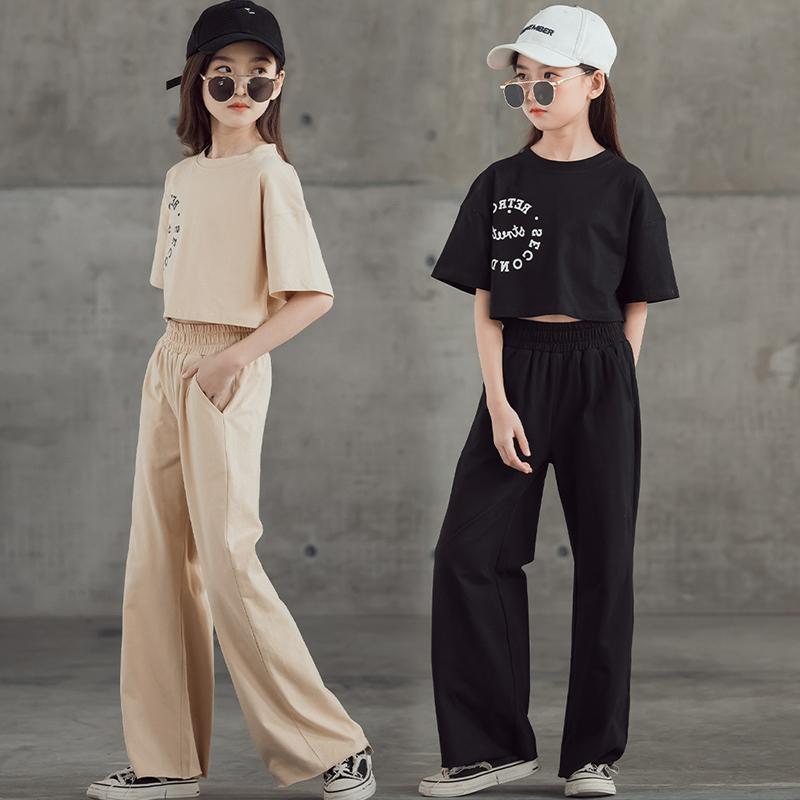 Girls Clothing Summer Suit Casual Letter T-shirt High Waisted Wide Leg Pants 2 Children's Tracksuit Black Teen Clothing