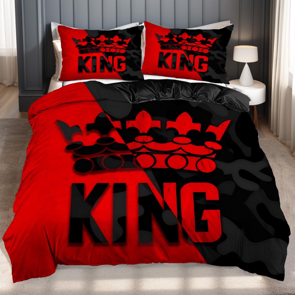 King'S Crown Muster 3D Gedruckter Bettbezug Rot Schwarz Paar Stil Bettbezug Set Weich Bequem Polyester Steppdeckenbezug Set