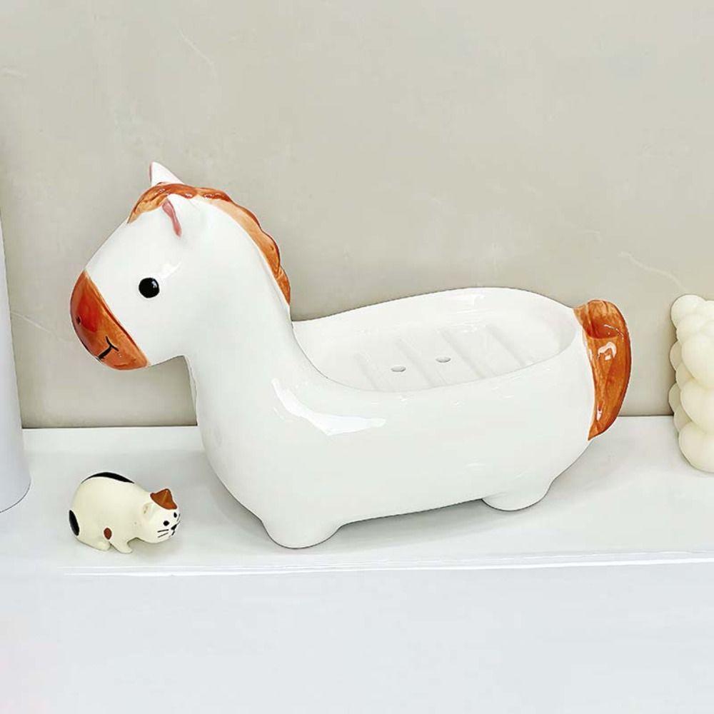 Cute Horse Soap Dish Soap Box Drainable Self Draining Soap Holder Ceramic Soap Container Bathroom Decor Organizer for Sink