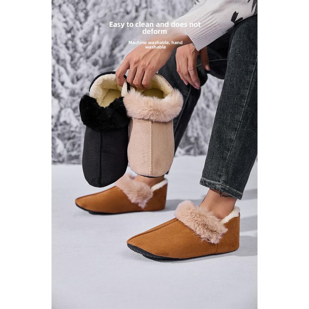 Warm Woolen Mouth Bag with Cotton Slippers and Velvet Anti Slip Home Cotton Shoes, Winter Women's Thin Soled Indoor Short Boots