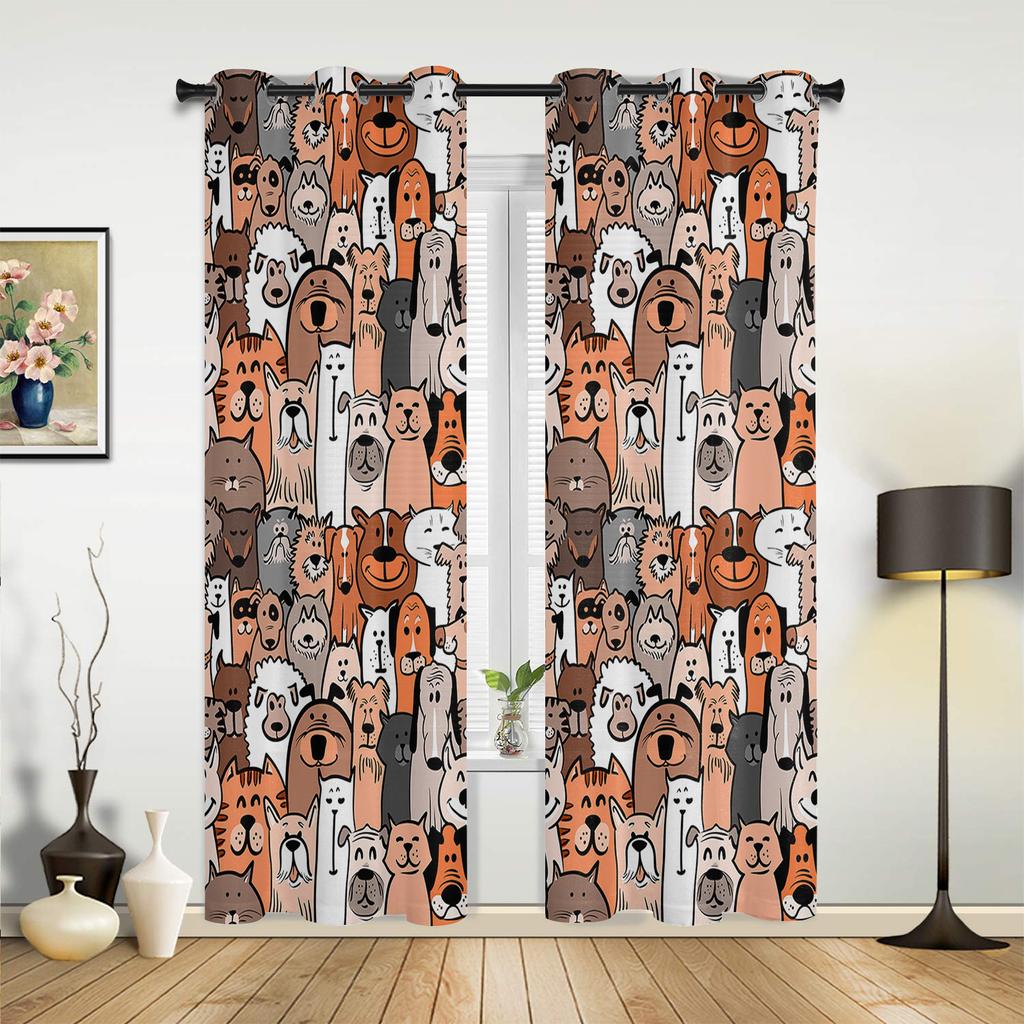 Cartoon Dog Cat Doodle Window Curtain Bedroom Living Room Window Drapes Kitchen Decoration Blinds Curtain