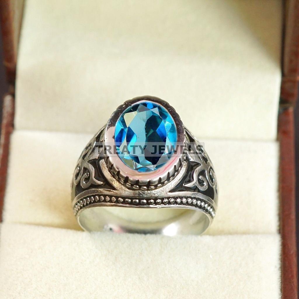 London Blue Topaz Oval Gemstone With 925 Sterling Silver Ring For Men's #B222 JL375675959367