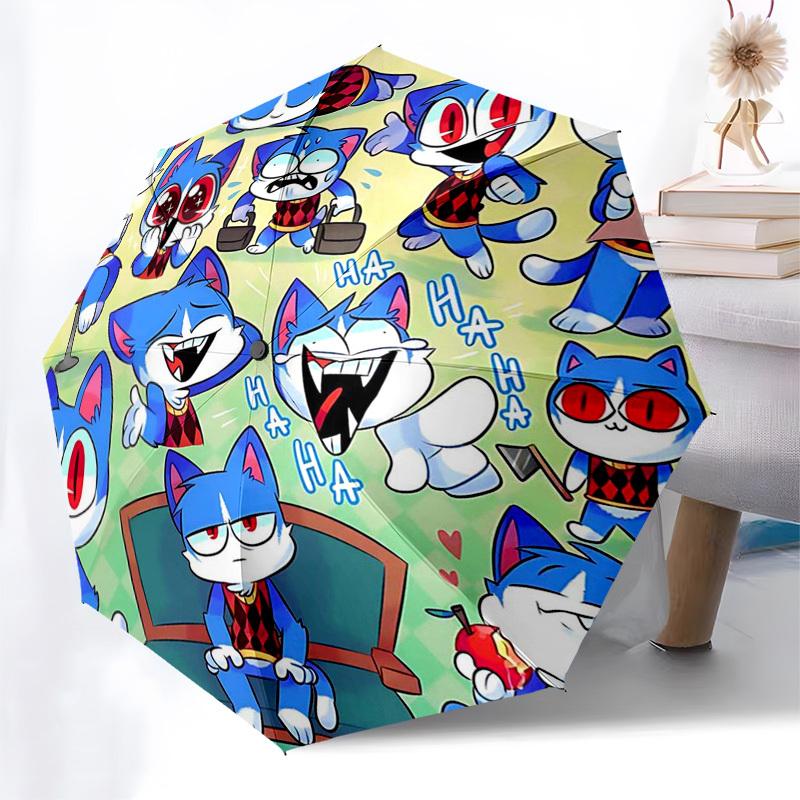 1 Stück Blaue Katze Outdoor-Regenschirm - Automatisches Öffnen/Schließen, Tragbares 3-fach faltbares Design, 8-Speichen-Eisenrahmen, Perfektes Geschenk für Fans, Reisende, Tägliche Nutzung.N048