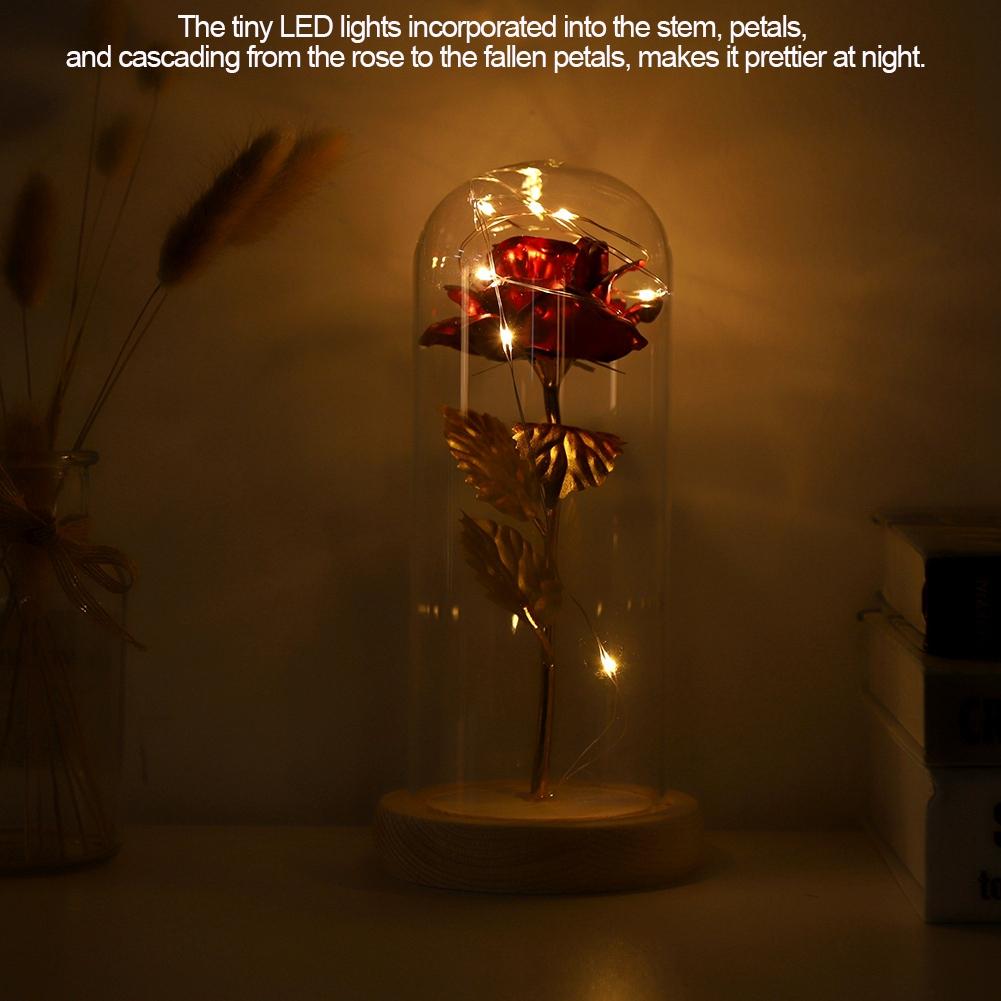 

Сохраненный цветок розы Светодиодная подсветка со стеклянным куполом и деревянной основой Подарок на День святого Валентина Свадебный подарок красный