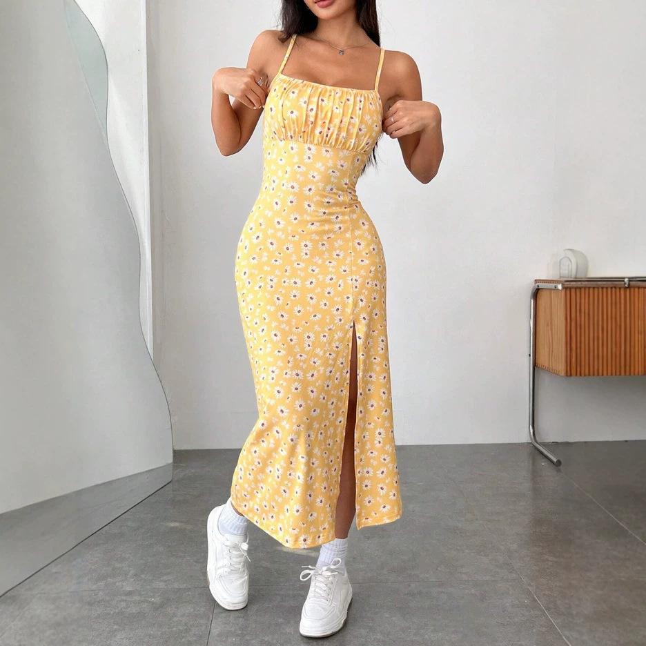 European and American women's clothing spring and summer suspender high slit small daisy print chest wrap dress