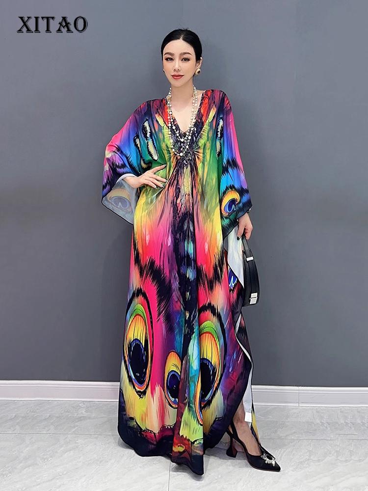 

Платья XITAO с принтом бабочки и рукавами «летучая мышь» и V-образным вырезом HQQ2302