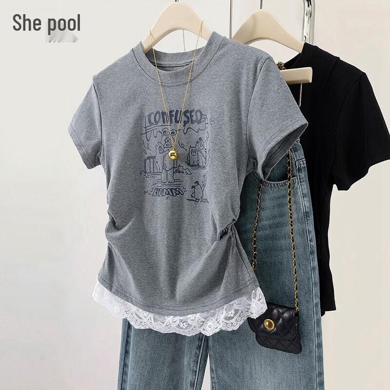 Women s Round Neck Printed T-shirt with Pleated Waist and Lace Hem M