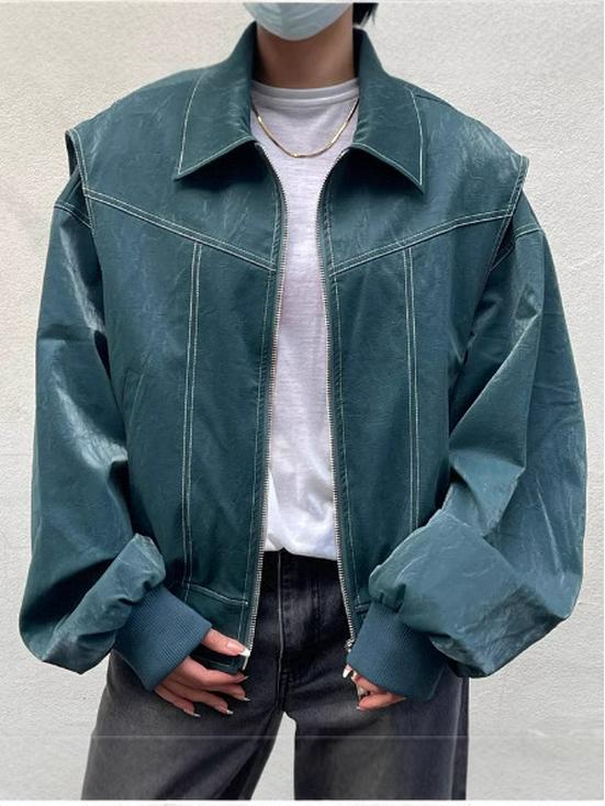 Retro Spliced Leather Zipper Jacket - Fall/Winter 2024, Long-Sleeve Lapel Coat