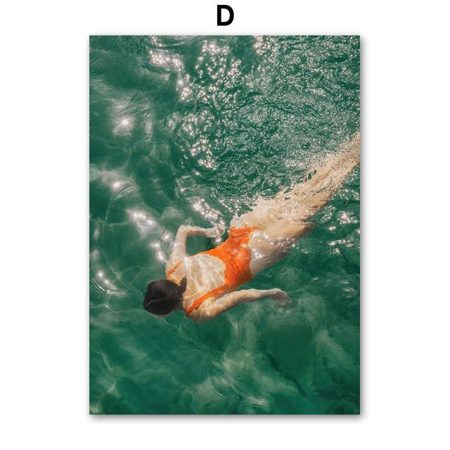 Sea Bathing Beach Girl Fruit Juice Nordic Landscape Posters Wall Art Canvas Painting Hotel Gallery Pictures Of Living Room Decor