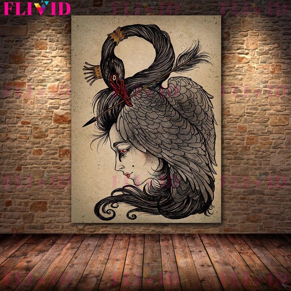 Plakat ze Sztuką Abstrakcyjną Ptaków Zwierząt i Dziewczyn Retro Surrealistyczna Kobieca Sztuka Ścienna Obraz na Płótnie Do Wystroju Salonu Bez Ramki Brak Ramy