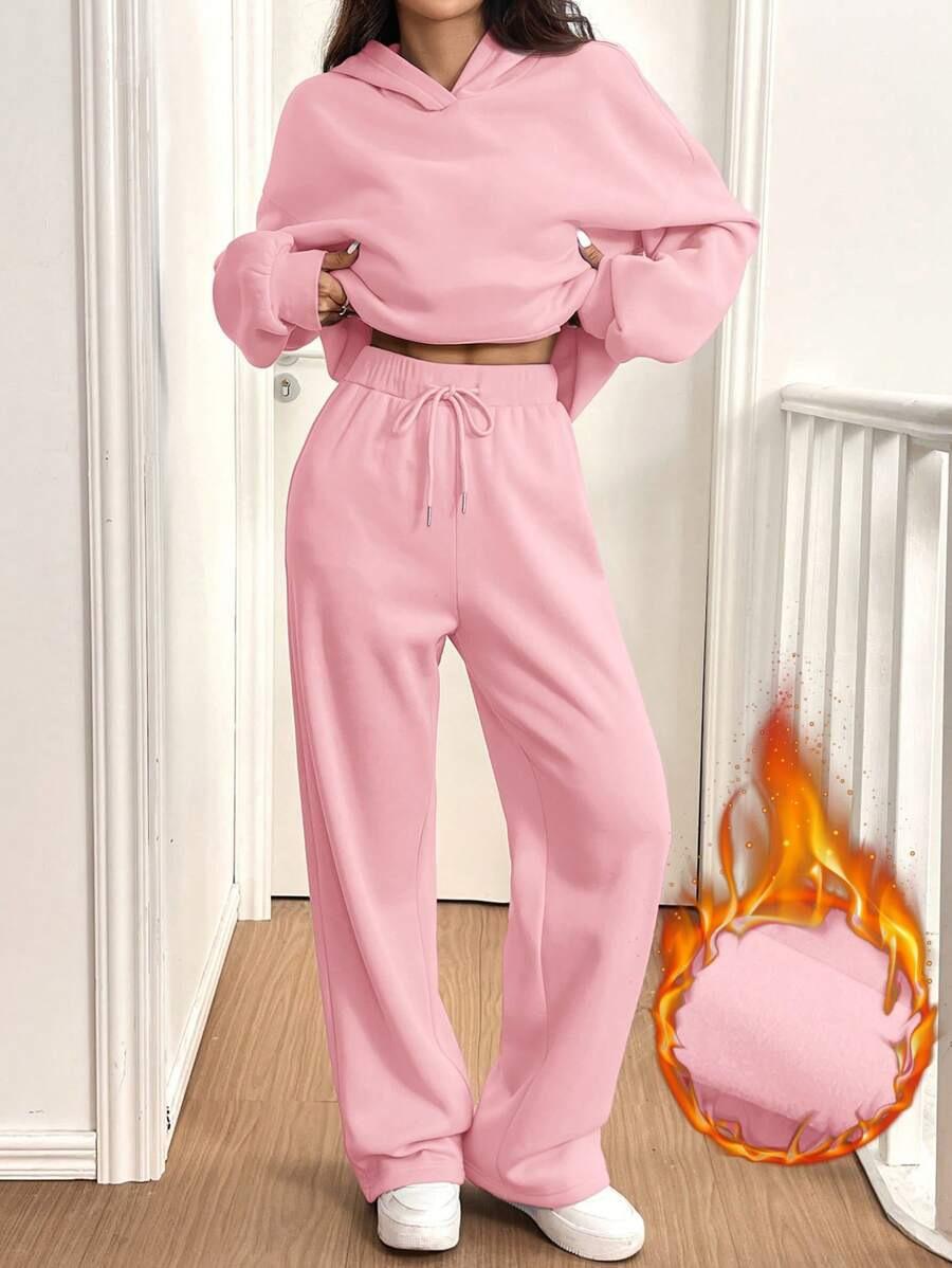 

Женский комплект из 2 предметов: худи с теплой подкладкой и повседневные брюки - спортивная одежда для осени/зимы M розовый