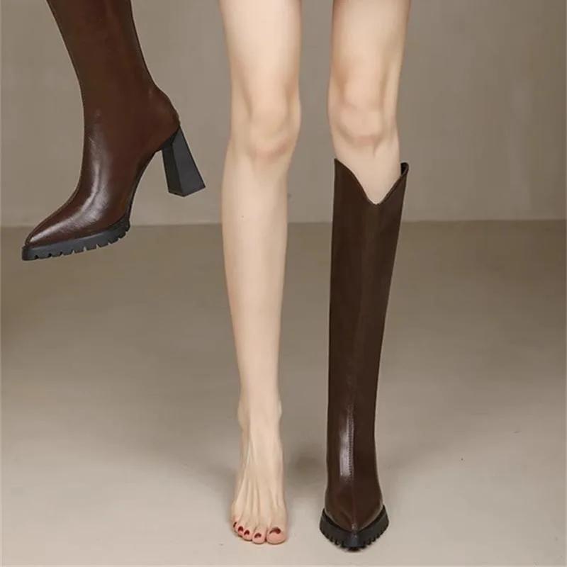Vintage Autumn Winter Women Knee High Boots Fashion Pointed Toe Long Booties Designer High Heels Botas De Mujer high-quality