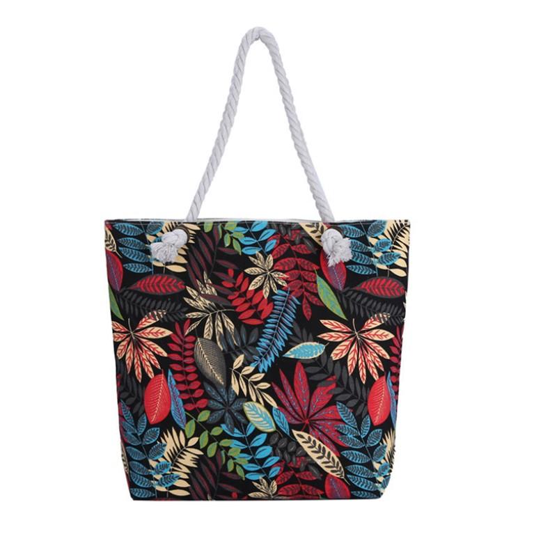 Summer Ladies Flower Printed Canvas Beach Handbag Portable for Female Single Shoulder Casual Tote Bags