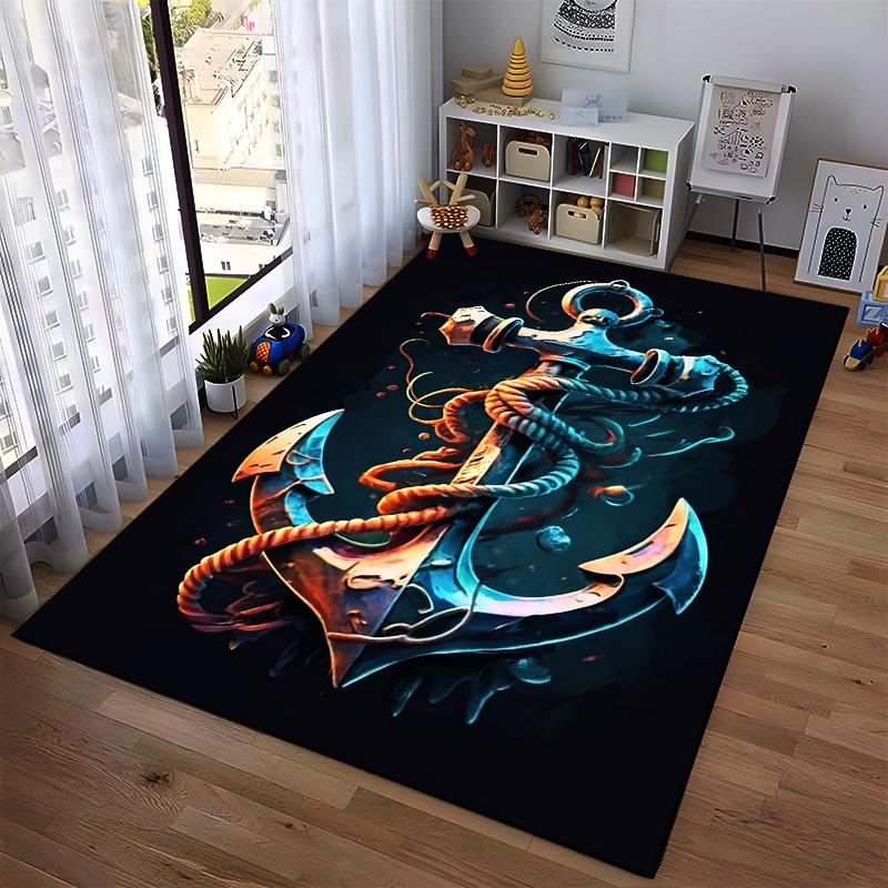 Marine Style Rug with Anchor Design and Rope Pattern, Dark Background Suitable for Use As an Anti-slip for Living Room Bedroom Sofas