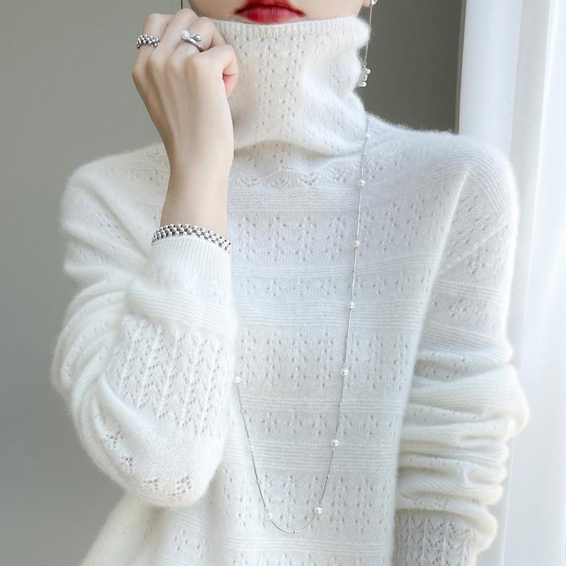 For Autumn and Winter Piled Turtleneck Sweaters Trendy Cut-out Knitted Sweaters for Women and Solid-color Casual Pullovers