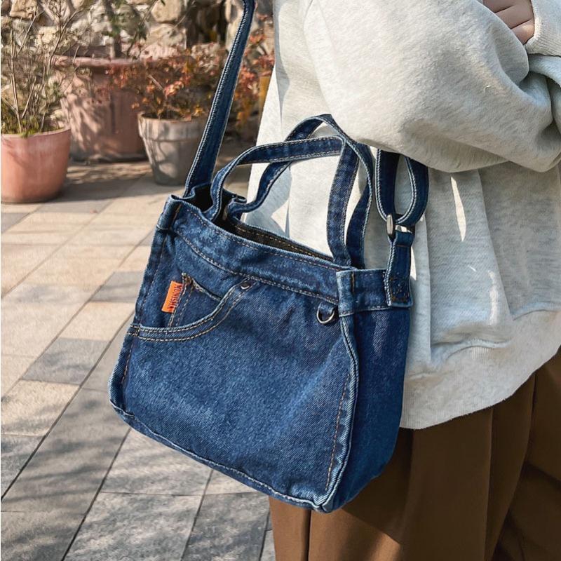 Washed denim bag, new Japanese literary and retro original style oblique span bag ins casual cloth bag