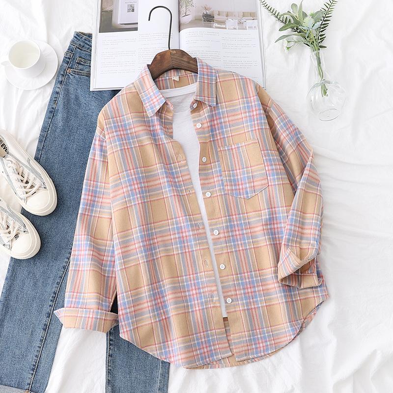 Camisa de Franela a Cuadros Fresca para Mujer 2025 Nuevas Blusas y Tops para Mujer Algodón Holgado Manga Larga Camisas Casuales Ropa Fina para Mujer