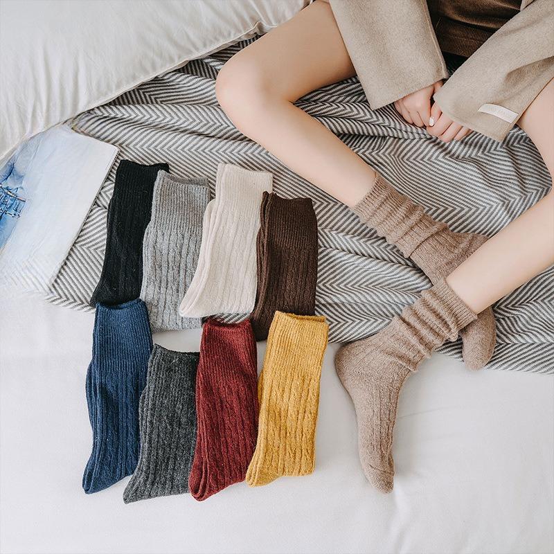 Women's Winter Thickened Warm Wool Socks, Solid-color Pile Socks, Double-needle Women's Socks, High-top Cotton Socks