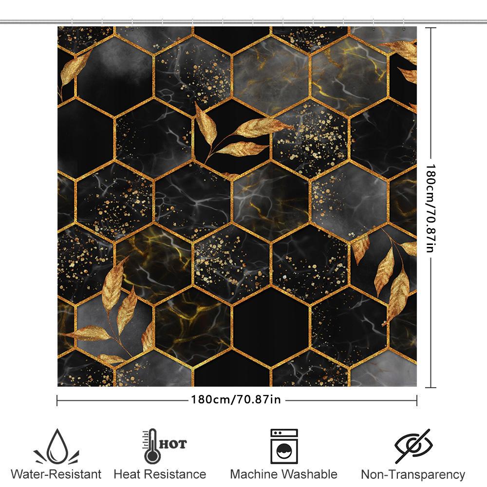 Luxury Hexagon Shower Curtain Set with Black Gold Marble Print for Bathroom Decor Waterproof Fabric Size 72 x 84 Inch (Black/Gol