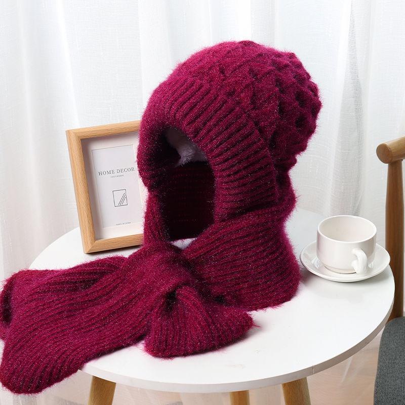 New Snow Hat, Scarf, Integrated Thickened Autumn and Winter Hat, Wool Woven Women's Thermal Hat, Cold-proof and Plush Wool Hat