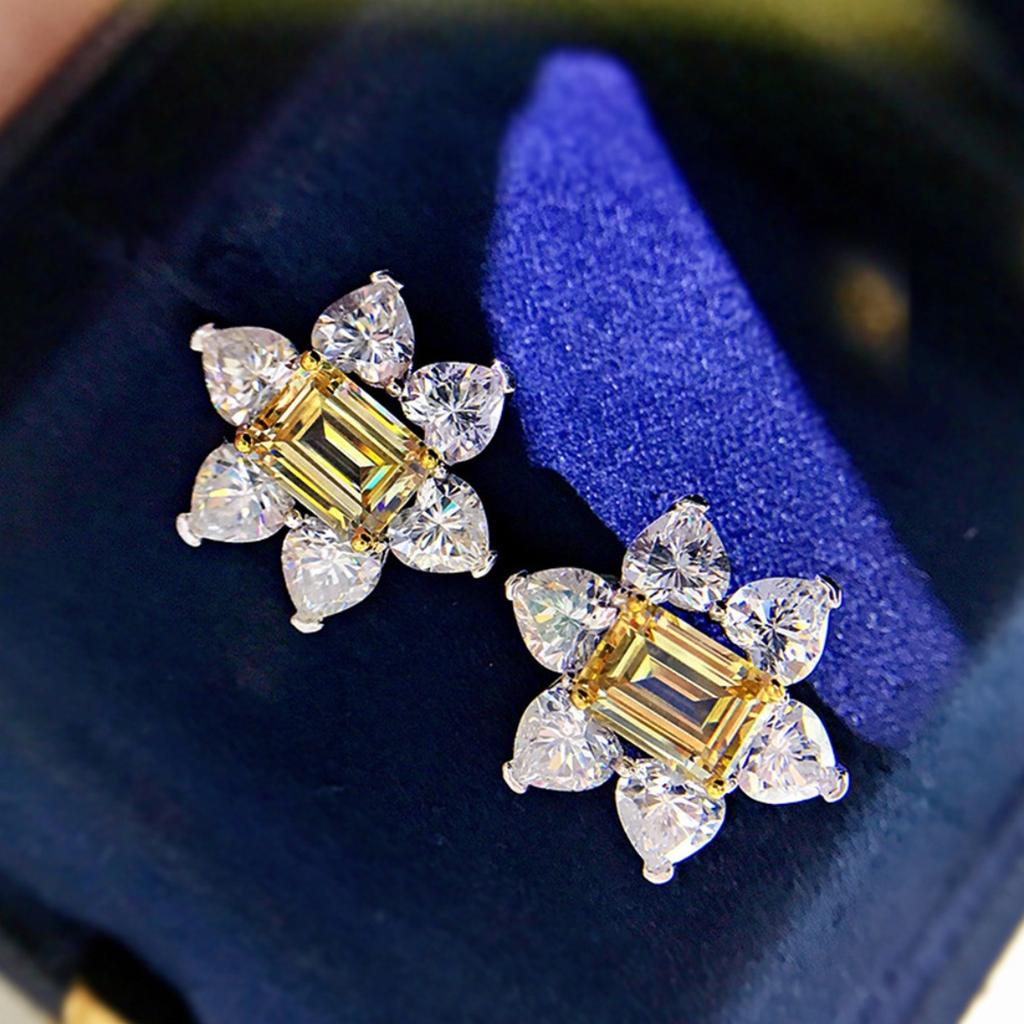 Yellow Zircon Flower Stud Earrings Sparkling Wedding Banquet Jewelry