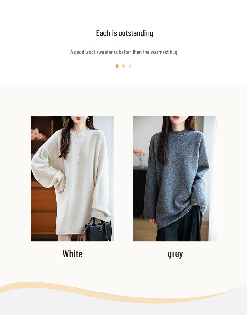 Women's Pure Wool Loose Knit Dress - Autumn & Winter, Round Neck, Solid Color, Plus Size, Medium Long, Korean Style.