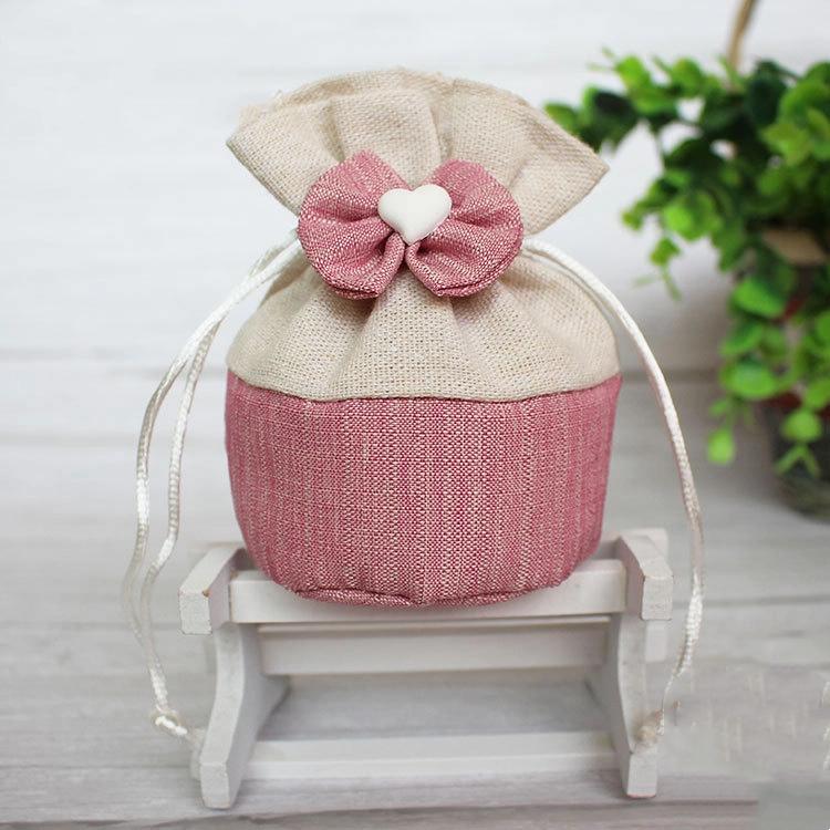 10Pcs Cotton Drawstring Gift Bag Cute Drawstring Round Bottom Candy Bag Butterfly Knot Heart-shaped Handmade Canvas Candy Bag