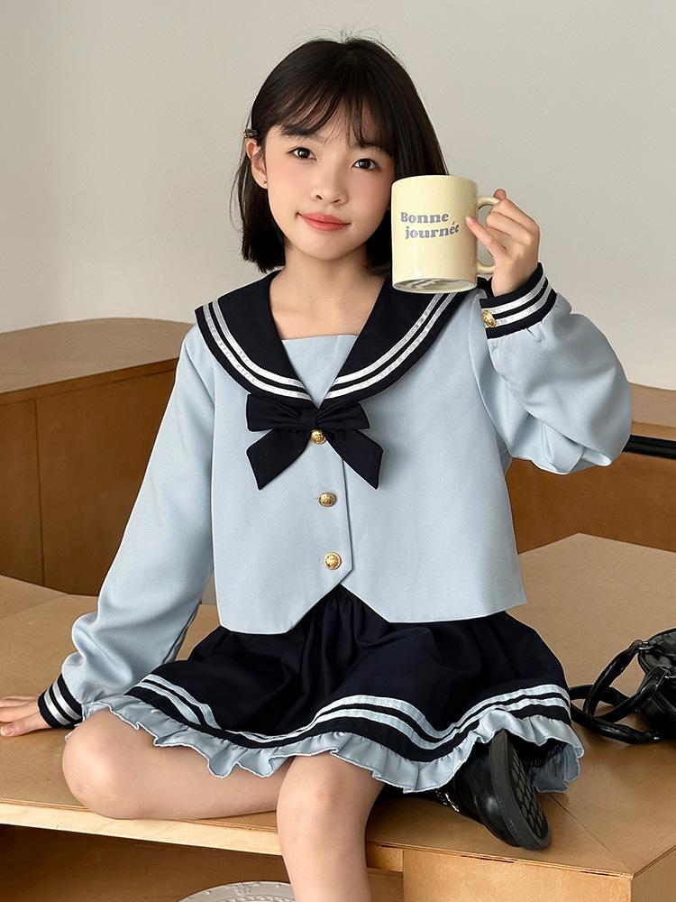 Girls' College Style JK Suit - Spring/Autumn 2025 Back-to-School Two-Piece Set (Shirt & Skirt)