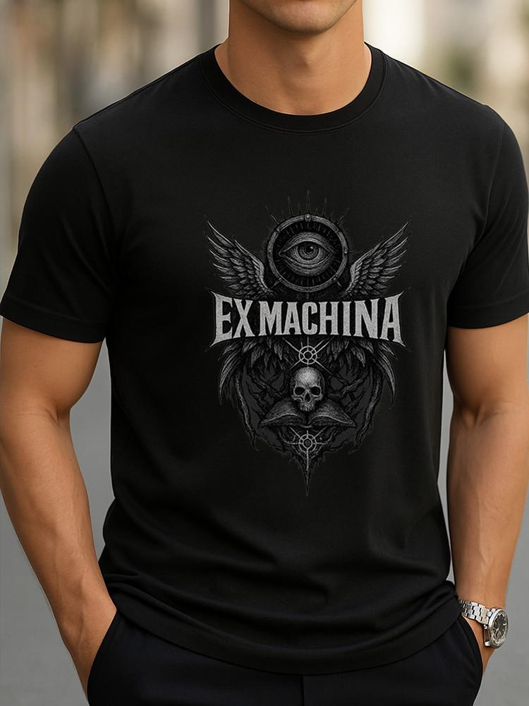 EX MACHINA Gothic Graphic T-Shirt Dark Techwear Tee Occult Eye & Skull Design Unisex T-Shirt L