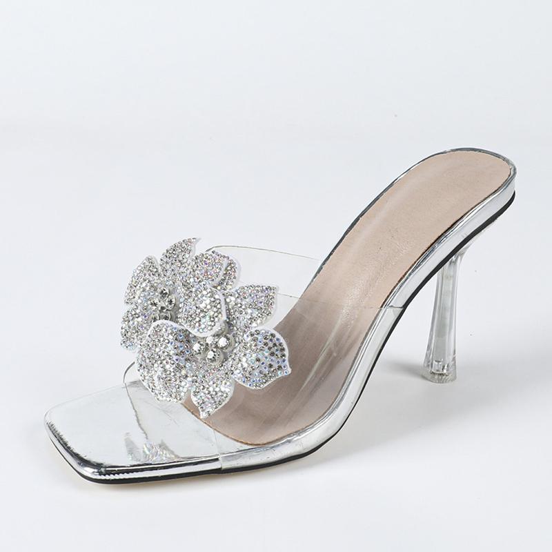 

Мода Liyke Мода Золото Стразы Цветы Квадратный Носок 9СМ Прозрачные Каблуки Тапочки Летние Сандалии Прозрачная Обувь Для Женщин Мюли Слайды 35 серебряный
