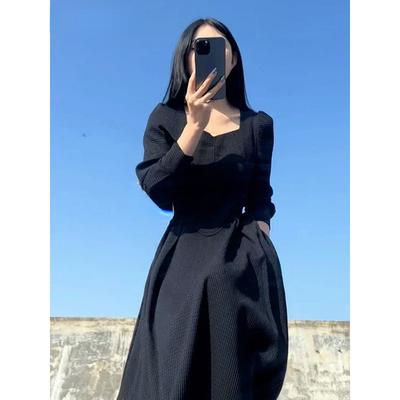 Vintage French Design Maxi Midi Dresses for Women Clothing Party Elegant Square Neck Black Long Dress Korean Fashion Autumn 2025