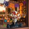 Easy Install Window Pavement Day of The Dead Clings, Halloween Double-Sided Skull Sticker, Ethnic Pattern Wall Art Colorful Flower Skeleton