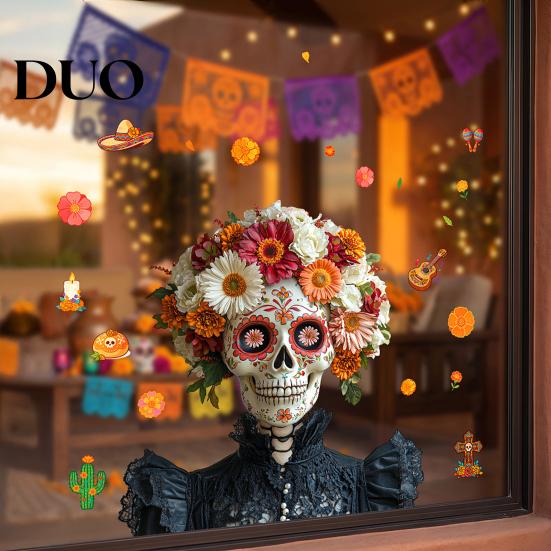 Easy Install Window Pavement Day of The Dead Clings, Halloween Double-Sided Skull Sticker, Ethnic Pattern Wall Art Colorful Flower Skeleton