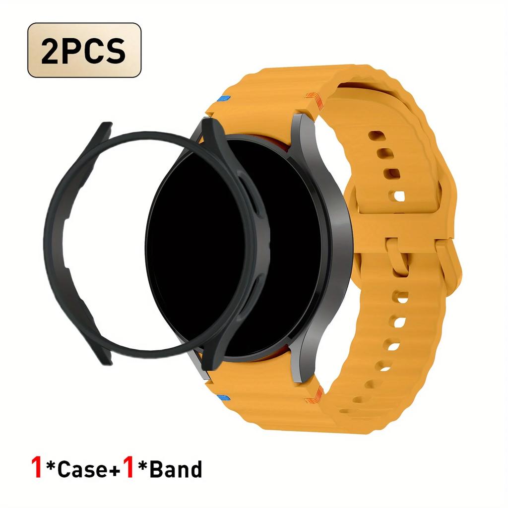 2pcs Strap & PC Case for Watch7/6/5/5Pro/4/FE Original Wave Stitch Color Buckle Semi-Covered Sweat-Proof for Sports