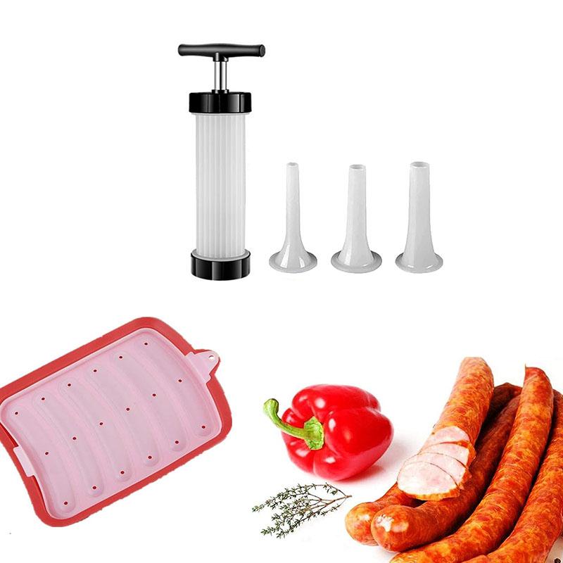 Manual Sausage Maker and Silicone Sausage Mold DIY Non-Stick Sausage Stuffer with Nozzles for Homemade Sausages Kitchen Tools