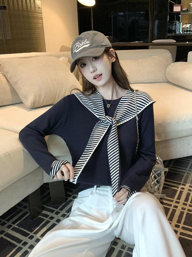 Autumn Korean Color-Block Striped Shawl & T-Shirt Women's College Style Top