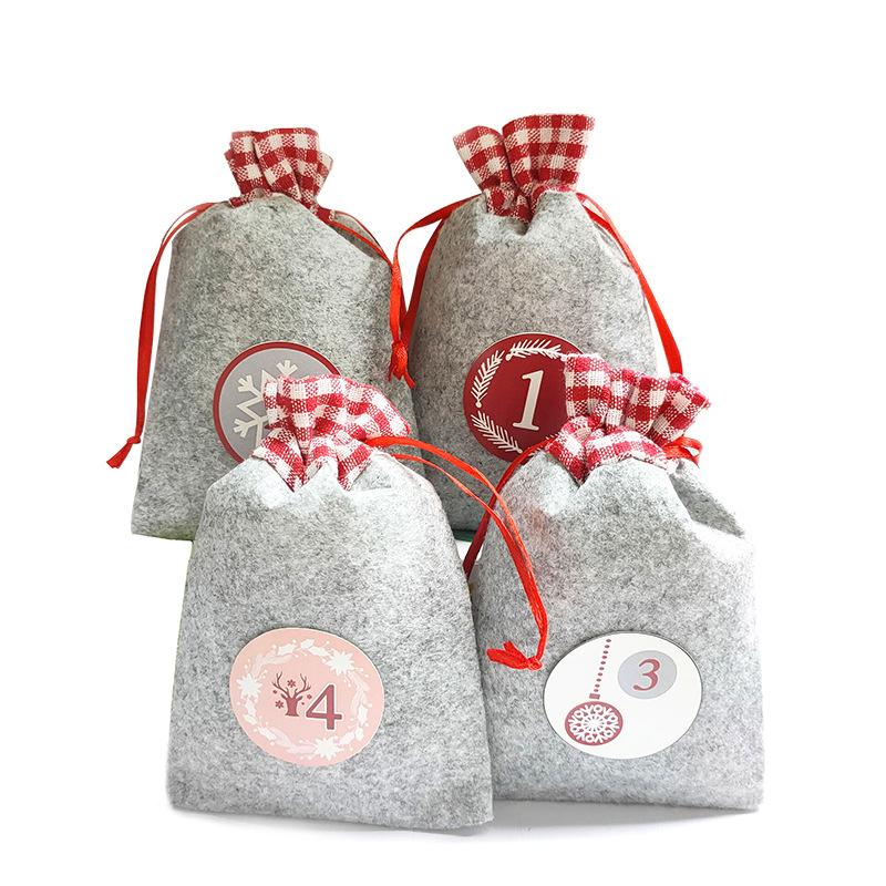 24pcs Christmas Gift Bag Drawstring Bag Countdown Calendar 24 Christmas Felt Bags Digital Sticker Cloth Bag Set