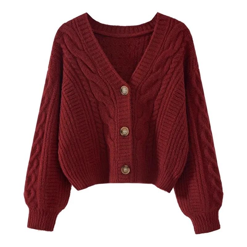 Suéter Holgado de Punto Trenzado Estilo Coreano para Mujer con Cuello en V - Cárdigan Retro para Otoño/Invierno