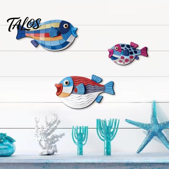 Kids Room Wall Accents 3Pcs Wooden Fish Art, Nautical Hanging Ornaments, Rustic Ocean Style Sea Life Ornaments Sculpture, Coastal Decorations