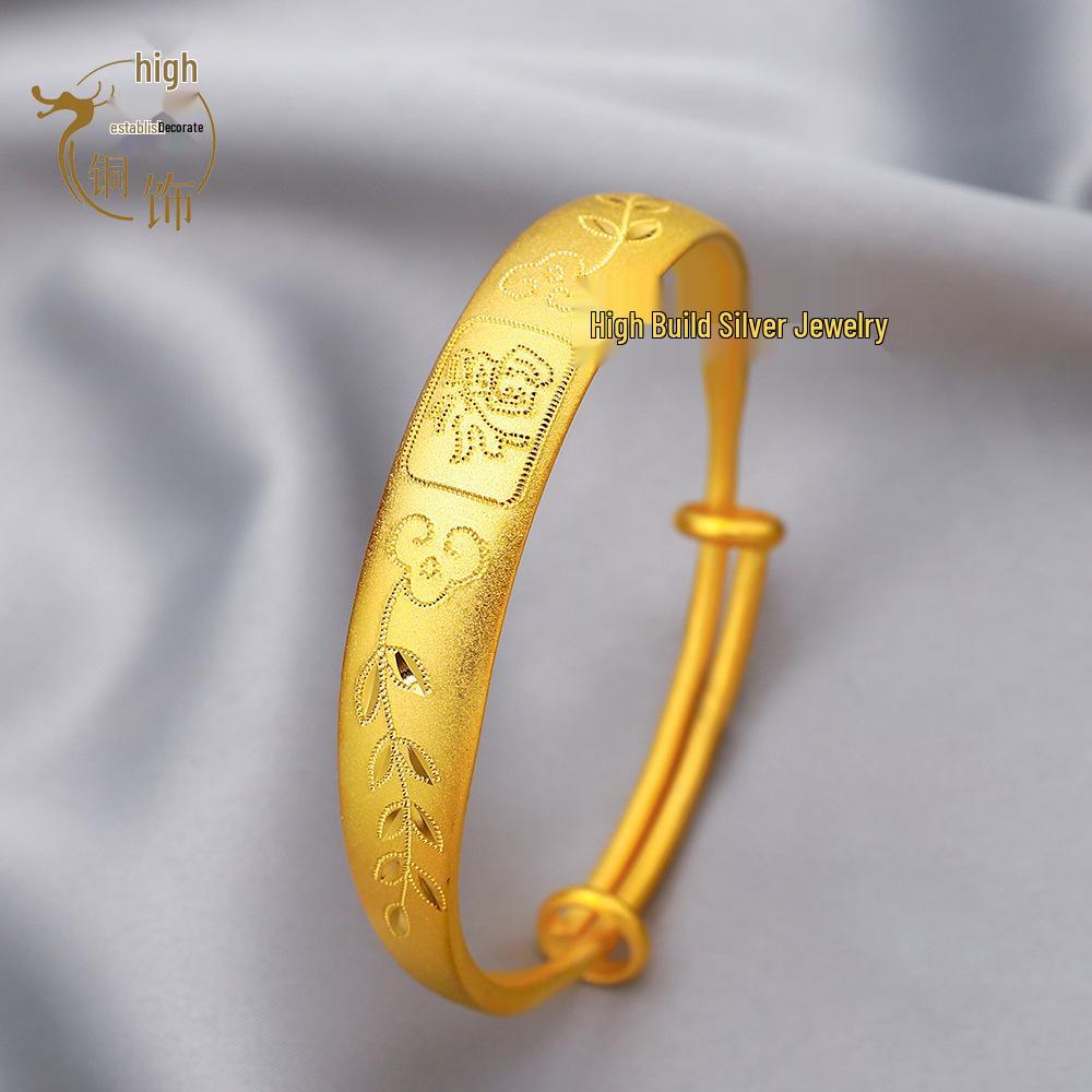 Вьетнамский Песчаный Золотой Латунный Браслет с Карпами Кои и Лотосами - Позолоченный Матовый Свадебный Браслет