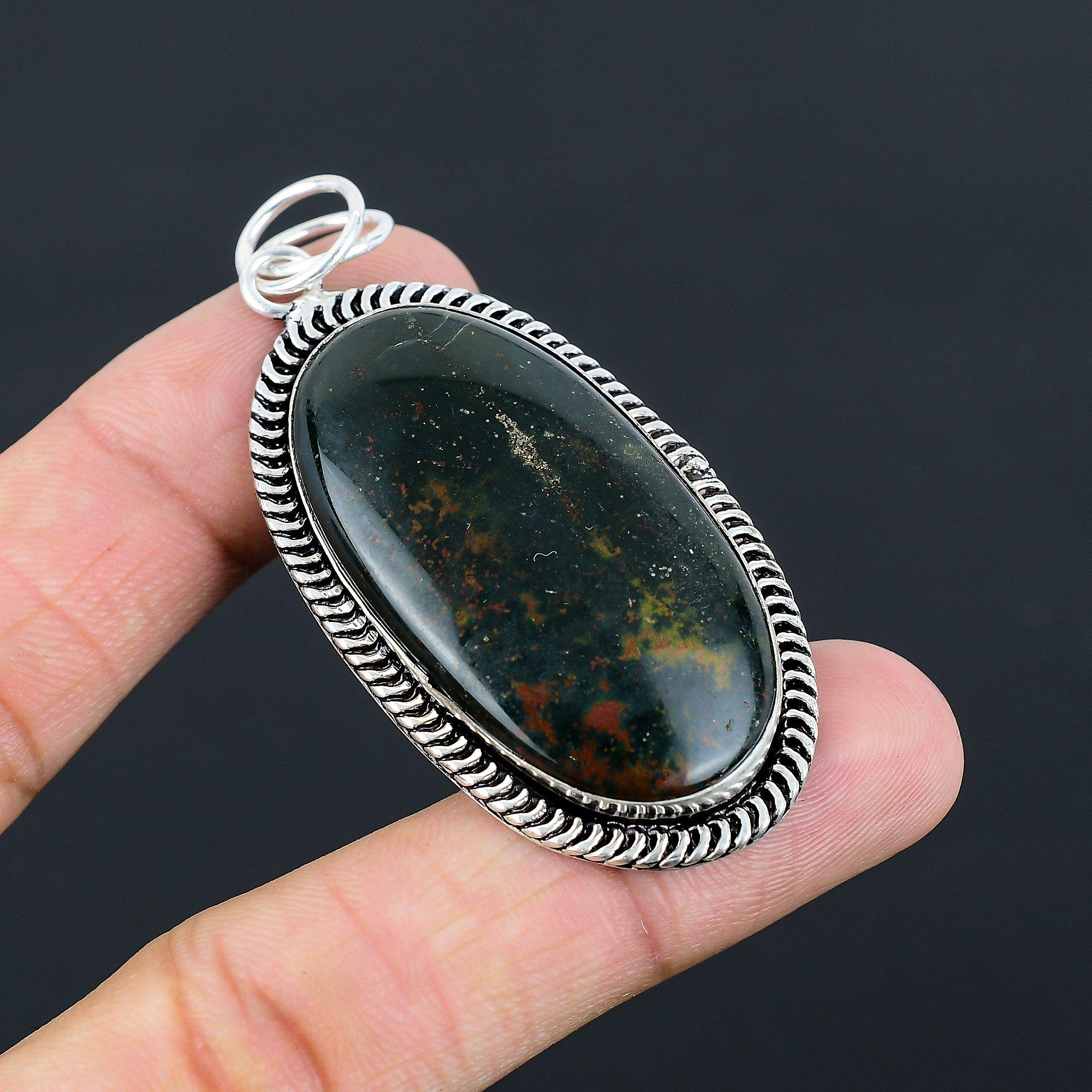 Sterling Silver Oval March Natural Bloodstone Birthday Anniversary Bezel Pendant