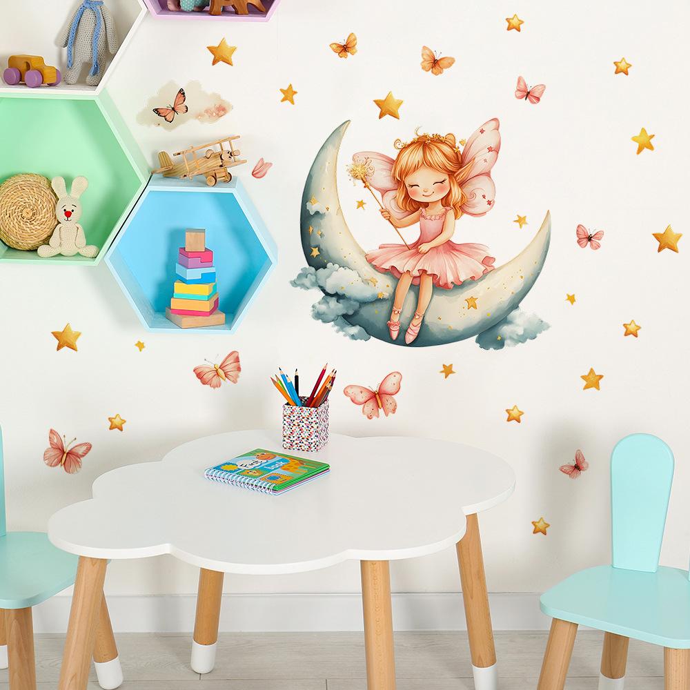 Cartoon Little Girl Moon Stars Bedroom Living Room Home Background Beautification Decoration Wall Stickers