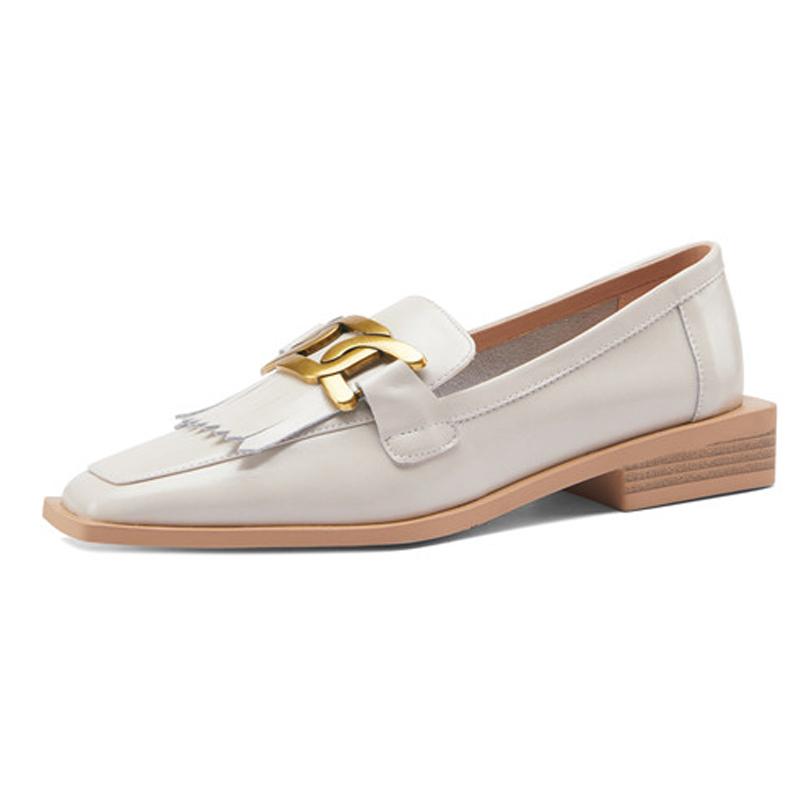 

Meotina лоферы из натуральной кожи с бахромой и квадратным носком, женские туфли-лодочки на низком каблуке, обувь без шнуровки с металлическим украшением на блочном каблуке, размеры 34-40 34 бежевый