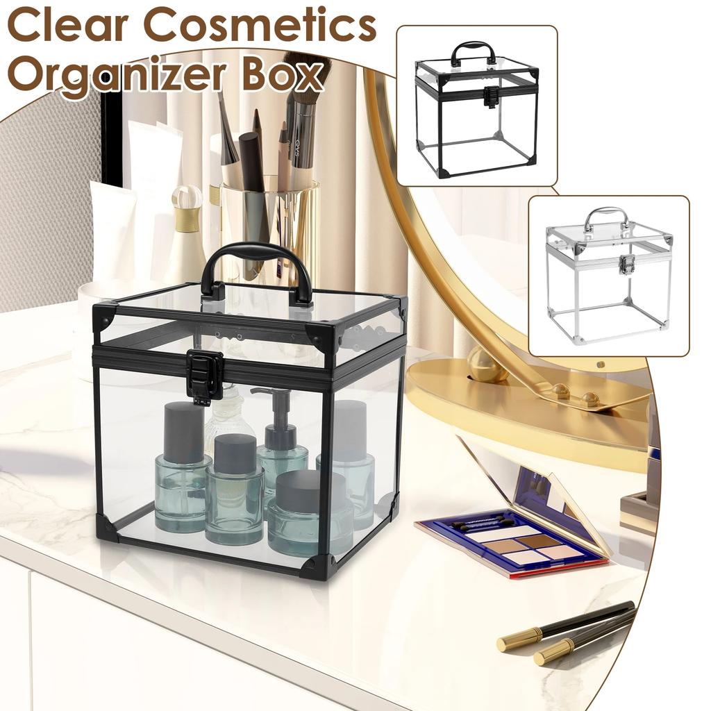 Toiletry Train Case Travel Makeup Tools Storage Organizer Crown Box Clear Cosmetic Case with Latches Handle Acrylic Display Case