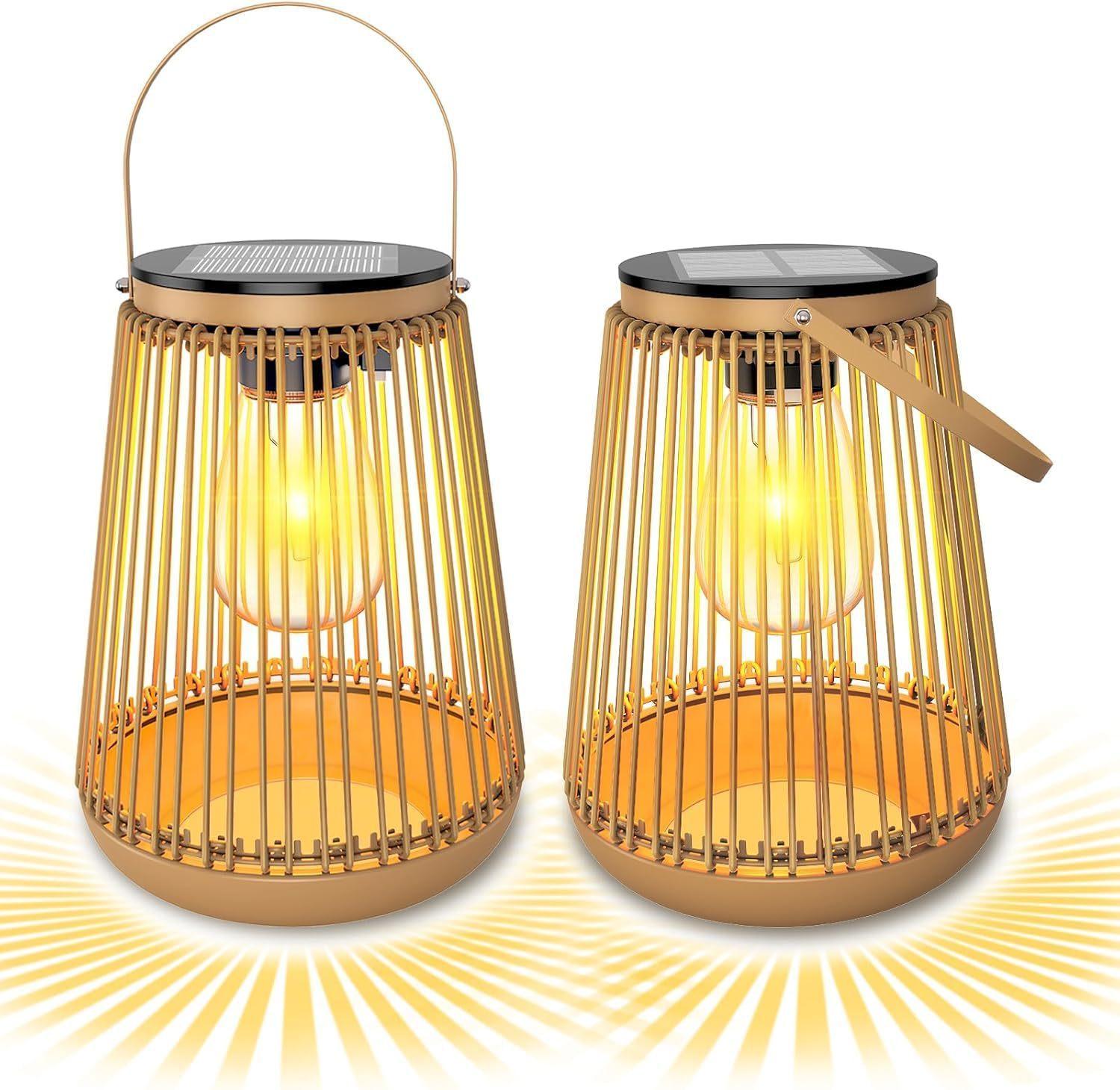 

2PCS Solar Lights Outdoor Garden Metal Hanging Solar Lantern Waterproof Rattan Bamboo Solar Powered Light Yard Christmas