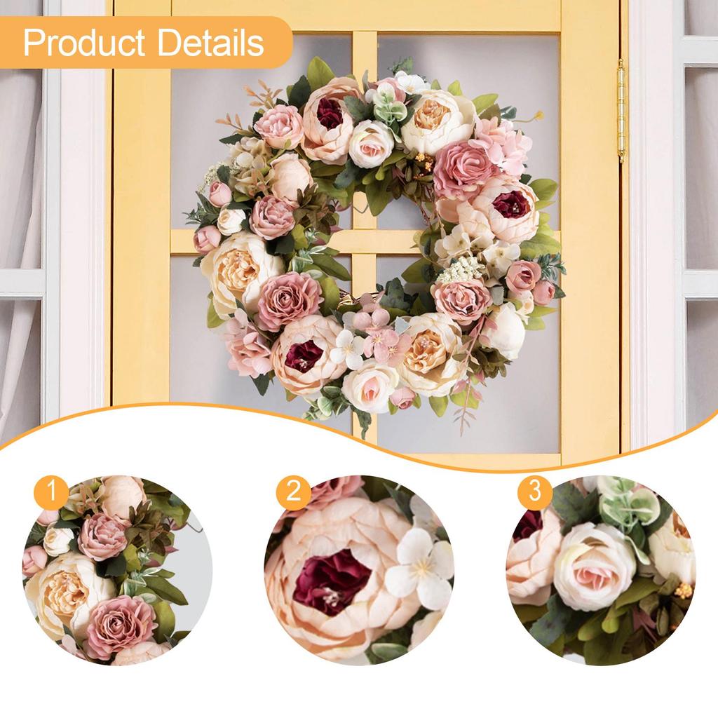 Spring Wreath Front Door Hanging Ornament Artificial Peony Flowers Garland 15.75inch for Garden Party Balcony Festival New Year