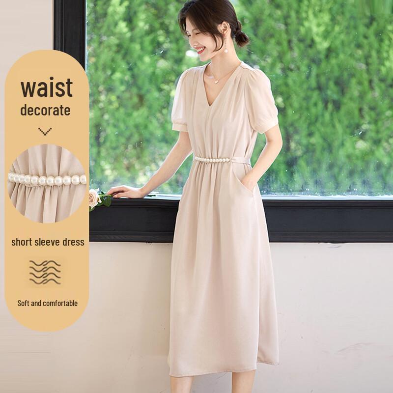 Elegant V-Neck Pleated Belted Midi Dress M