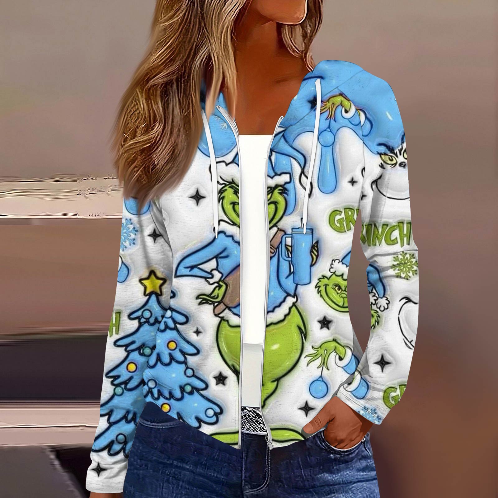 

Women s Fashion Christmas Print Casual Zip-Up Long-Sleeved Hooded Jacket L синій